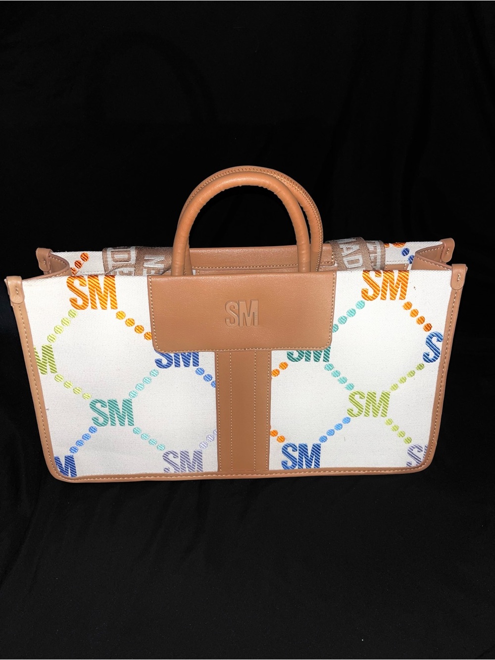 Multicolor Steve Madden Logo Canvas Purse with Tan Leather Trim - Picture 2 of 10